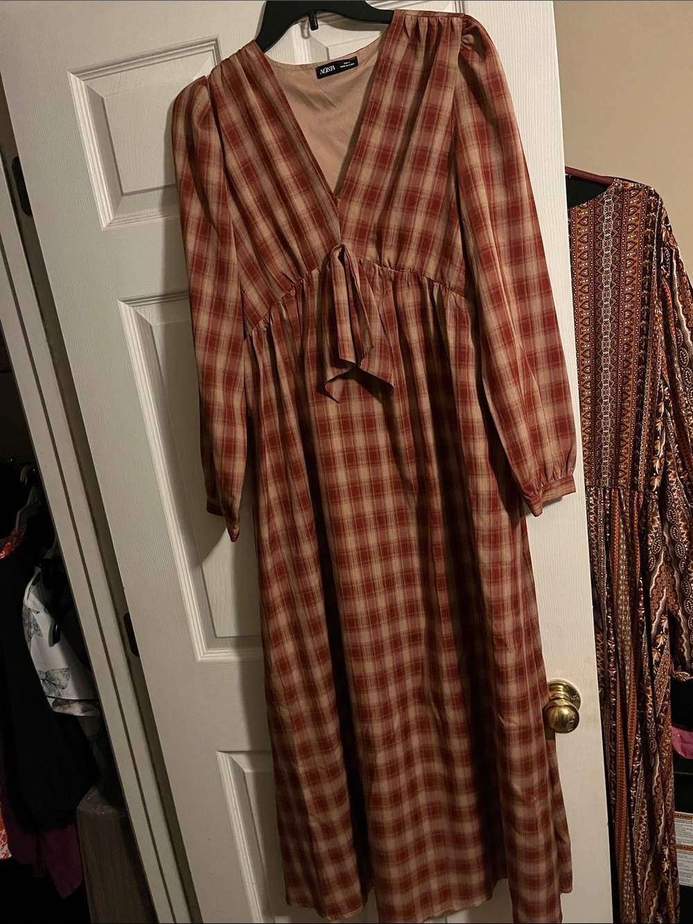 Rust Plaid Long Sleeve Midi Dress